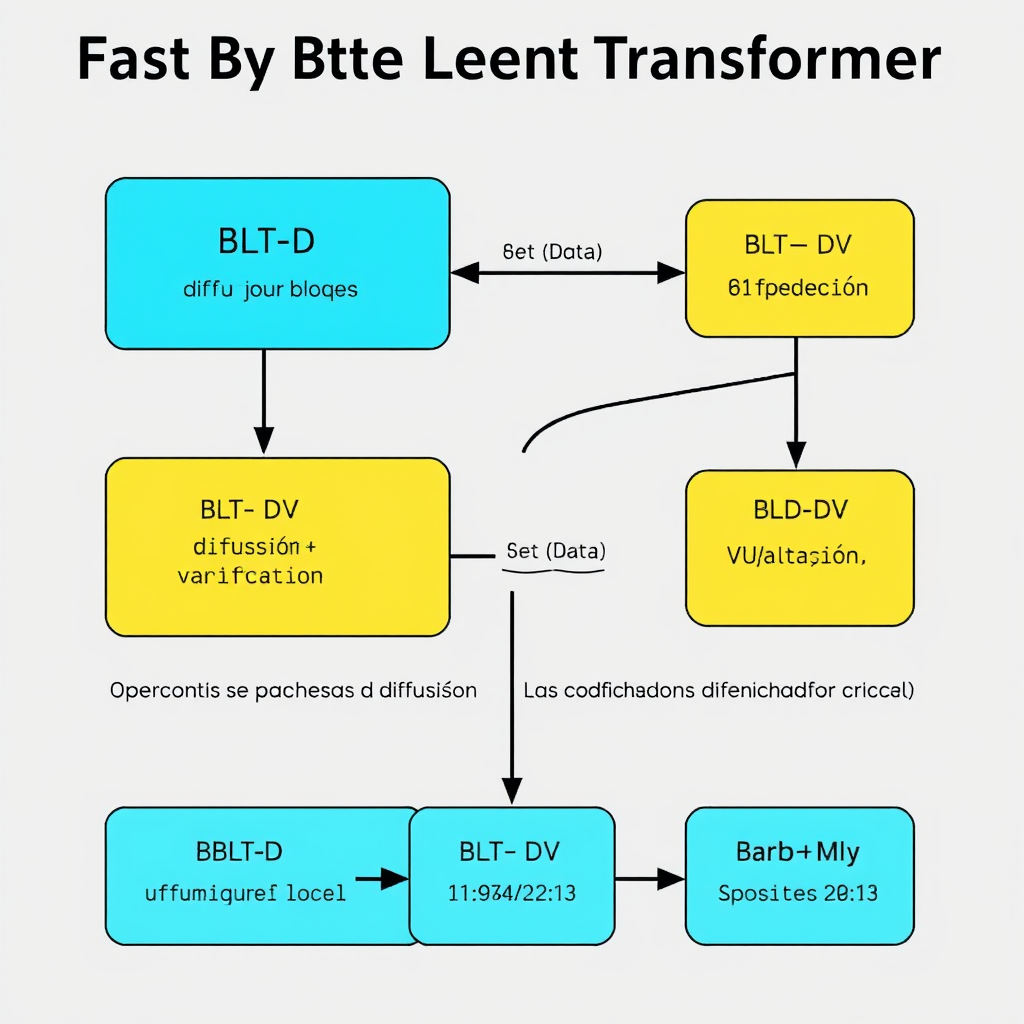Diagrama arquitectónico del Fast Byte Latent Transformer. Se muestran tres variantes: BLT-D (difusión por bloques), BLT-S (especulación) y BLT-DV (difusión + verificación). Los flujos de datos resaltan cómo los parches se procesan con máscaras de difusión y atención cruzada. Los colores diferencian las operaciones del codificador local, el transformador global y el decodificador local.