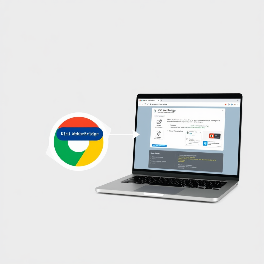 A browser extension icon labeled 'Kimi WebBridge' connecting to an AI agent interface on a laptop screen, with automated web tasks like clicking forms and extracting data, clean and modern design.