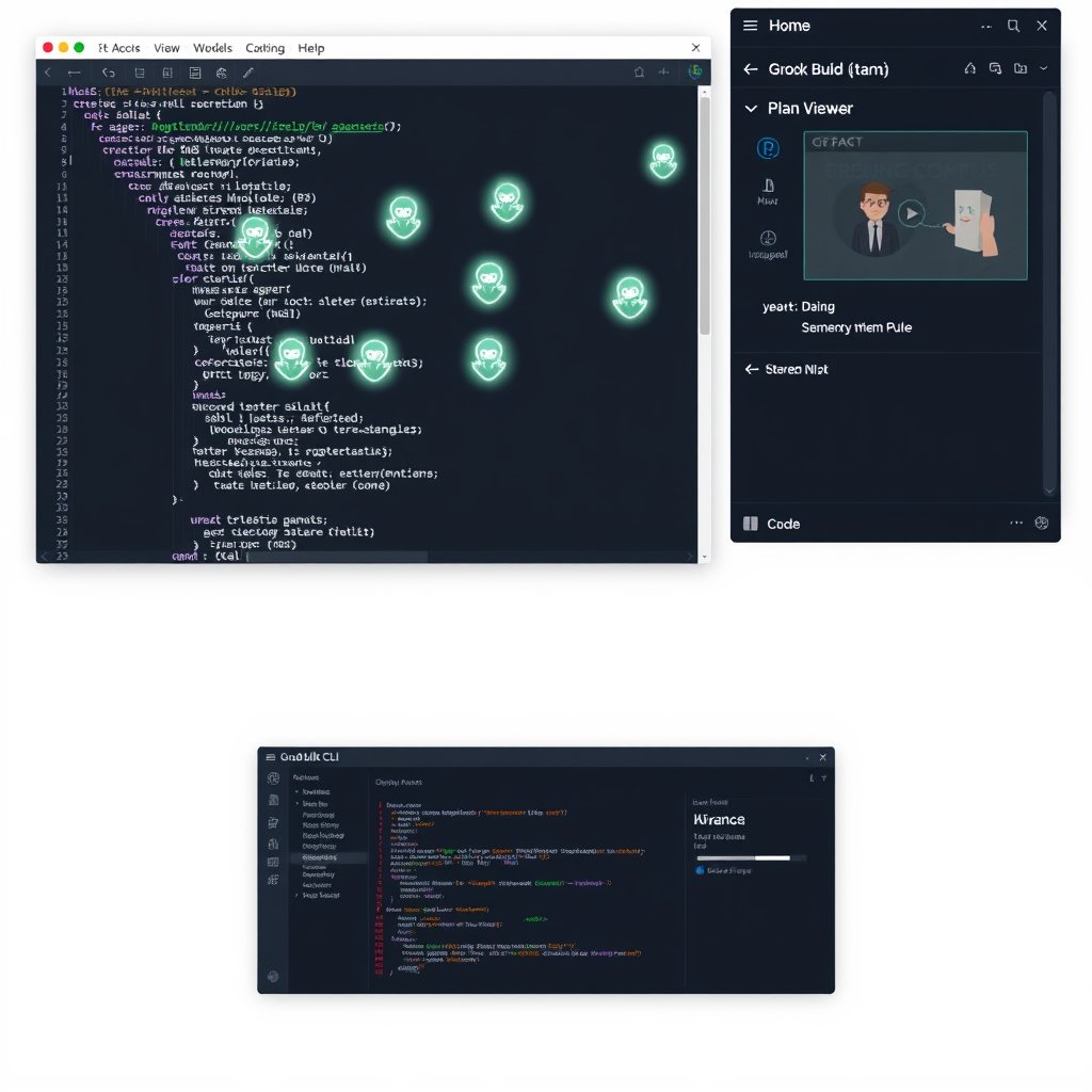 A futuristic terminal window with multiple glowing agent avatars working on code, a plan viewer on the side, and a sleek dark interface with neon accents, representing the Grok Build CLI.
