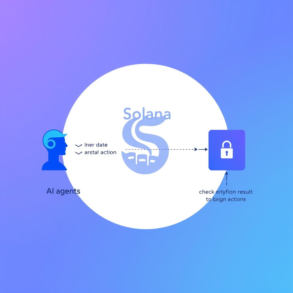 A clean, modern diagram showing an AI agent on the left receiving data from a blockchain oracle. The agent processes the data and produces an action. A verifier node on the right checks a cryptographic proof (a small lock icon) and submits a verification result to the Solana network. The background shows a stylized Solana logo and a chain of blocks. Minimalist style, blue and purple color scheme.