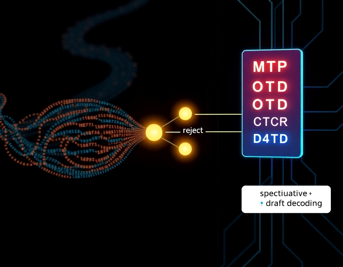 An abstract illustration of multi-token prediction in a neural network: a sequence of tokens flowing from left to right, with a GPU processor showing multiple token predictions branching ahead, glowing nodes indicating draft acceptance and rejection, and labels showing 'MTP' and 'speculative decoding' – technical, futuristic style.