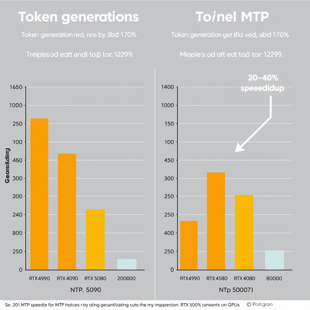 A side-by-side bar chart comparing token generation speed (tok/s) across different quantizations (NTP vs MTP) for multiple GPU models (RTX 4090, RTX 5090, RTX 4080, RTX 5060 Ti, Pro 6000), with annotations showing the 20–40% speedup for MTP variants on GPUs.