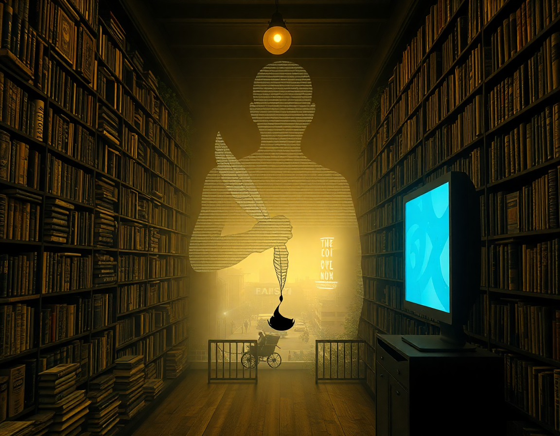 A surreal, dimly lit library where towering shelves of antique books dissolve into pixelated data streams, their pages fluttering like autumn leaves. In the center, a translucent human silhouette composed of overlapping text fragments—encyclopedias, etiquette manuals, cookbooks—holds a quill that drips ink into a glowing, modern computer terminal. The ink swirls into a mirror reflecting a foggy, anachronistic cityscape: horse-drawn carriages next to neon signs, gambling dens overgrown with vines. Soft sepia tones clash with cold blue digital light, evoking a statistical pastiche—a window that is also a mirror, blending eras without resolution.