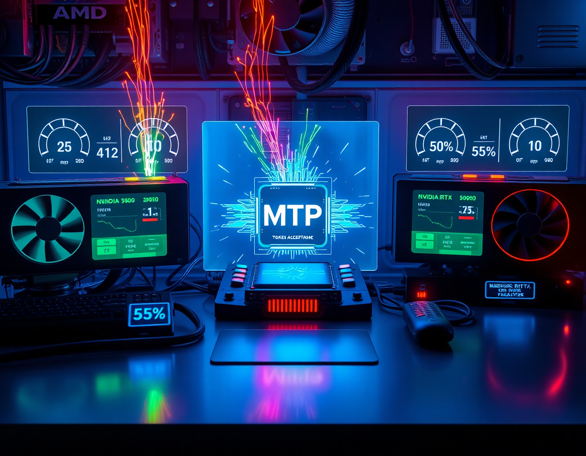 A futuristic laboratory bench with multiple GPUs (AMD Radeon 7900 XTX, NVIDIA RTX 3080, RTX 5090, RTX 4090) connected by glowing cables, a central chip labeled 'MTP' emitting both green and red sparks, performance meters showing fluctuating speeds (120 tok/s dropping to 10 tok/s), with a holographic display of token acceptance rates around 55%. Cyberpunk aesthetic with blue and orange lighting.