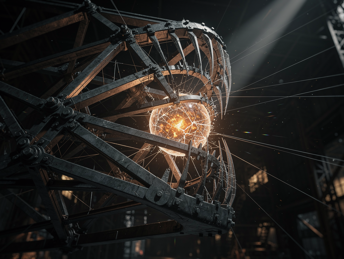 A colossal skeletal framework of interlocking steel beams and invisible glass threads tightens around a radiant orb of generative light, its surface fracturing with hairline cracks as the structure bites down, dimming brilliance to a trembling ember. Moody chiaroscuro, dust motes suspended in tense air, sharp edges glinting coldly, the orb’s glow fighting against crushing architectural jaws.