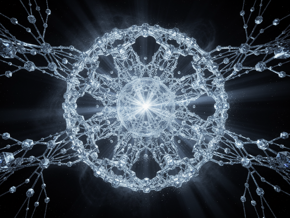 A luminous crystalline sphere suspended in infinite darkness, its surface alive with cascading fractal patterns that branch outward in triplicate, each new tendril spawning two further extensions until the original form dwarfs into a single bright seed surrounded by an expansive constellation of interconnected geometric nodes, their surfaces rippling with bioluminescent pulses like synaptic firing, light bleeding from within the structures in waves of blue-white radiance that dissolve into the void, the overall composition conveying overwhelming scale through perspective compression as if witnessing something minute transform into something astronomical, atmosphere of contained power and exponential growth, cinematic lighting, hyperdetailed rendering, octane render, volumetric god rays, 8k resolution