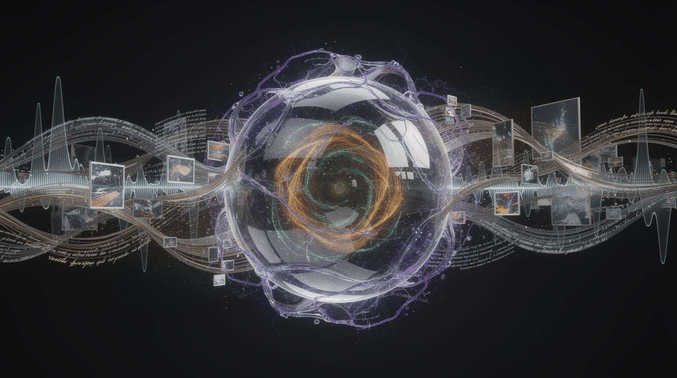 A luminous, semi‑transparent sphere pulses with rapid micro‑flashes of electric blue and violet, each flash lasting only a heartbeat. Around it, a flowing lattice of intertwined ribbons—glassy sound waves, shimmering image patches, and delicate script—flickers in 200‑ms bursts, merging and separating in seamless, real‑time concurrency. Within the sphere, a deeper, slower‑moving vortex of amber and emerald light spirals gently, representing the background reasoning core, while the outer shell continuously streams and fuses, evoking an encoder‑free early fusion of audio, video, and text. The whole scene feels like a living, multi‑modal nervous system, with textures of liquid glass, soft neon, and metallic threads bathed in a high‑contrast glow that conveys fluid, uninterrupted interactivity.