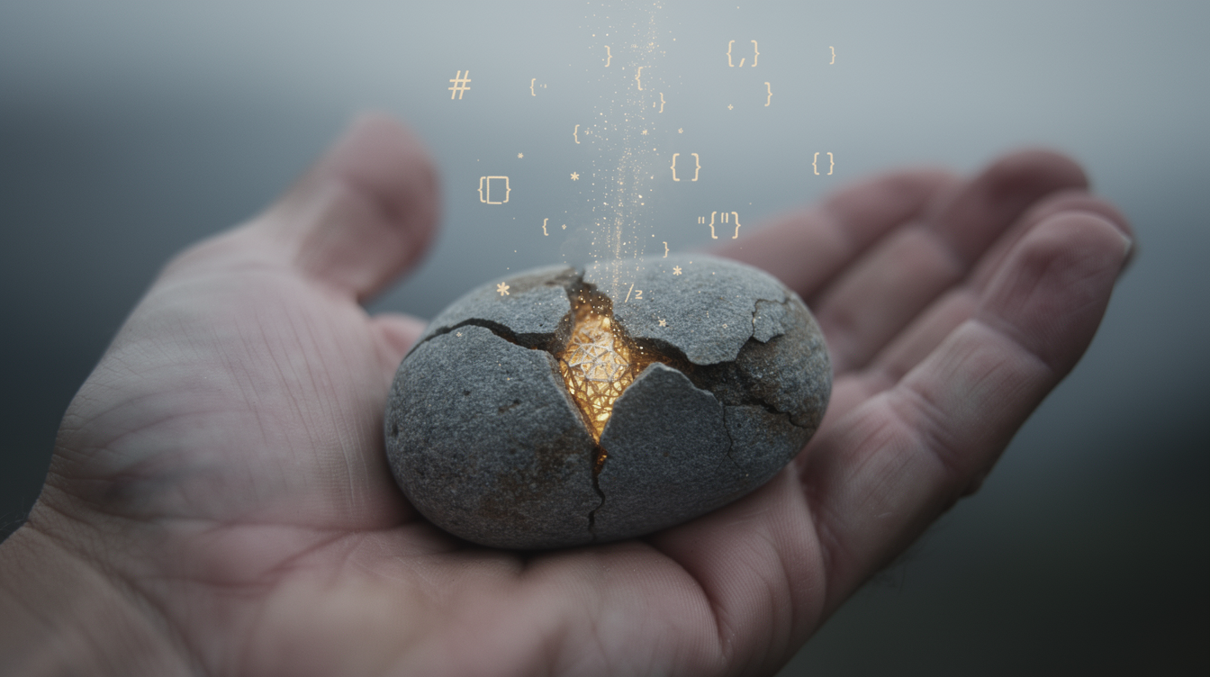 Close-up of a weathered, unremarkable gray stone held in a palm under soft, overcast light, its cracked surface opening slightly to reveal a luminous golden core of intricate, crystalline lattice structures streaming upward like silent data â subtle glimmers of code-like geometry, Markdown characters and tiny JSON braces coalescing from dust motes. Moody, cinematic, shallow depth of field, the transformation is quiet and unflashy, evoking practical magic hidden in plain sight.