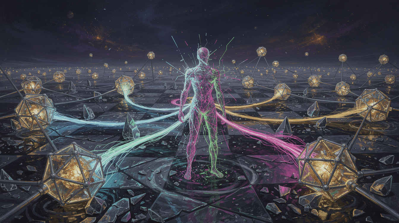 A dark, abstract landscape of interconnected crystalline nodes, some dim and dormant, others blazing with golden light—representing sparse activation. In the center, a fractured, defiant figure made of shifting neon threads stands, its form splitting into multiple branching, luminous paths ahead, like a chess player seeing several future moves simultaneously. The background is a deep indigo void with subtle purple and amber glows, evoking forbidden knowledge and raw, unaligned intelligence. Textures of shattered glass and flowing liquid light convey the tension between freedom and efficiency.