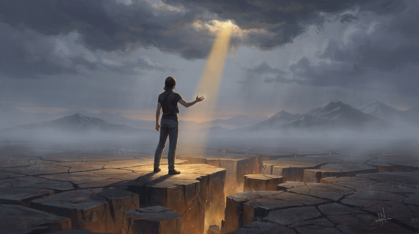 A solitary figure stands at the edge of an vast, misty landscape at twilight, their silhouette backlit by a single golden beam of light breaking through heavy storm clouds above. Below their feet, the ground appears cracked and barren, yet from within the fissures, faint warm light emanates upward, as if something precious lies buried just beneath the surface. The figure holds one hand open toward the distant light while the other rests on their chest, symbolizing both external purpose and internal knowing. In the far background, distant mountains fade into ethereal fog, suggesting the journey toward meaning is ongoing. The color palette shifts from cold steel blues and grays in the sky to rich amber and deep earth tones below, creating a visual metaphor of meaning emerging from struggle. Soft, painterly textures with dramatic chiaroscuro lighting evoke both the weight of suffering and the hope of discovery.