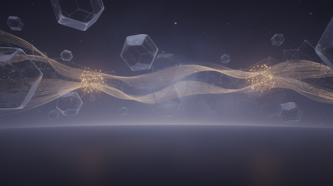 A luminous, ethereal landscape of translucent geometric forms floating in deep indigo darkness. Soft, pulsing waves of golden light ripple through crystalline lattice structures, gradually compressing into dense, glowing nodes. A faint horizon line where shimmering threads of memory dissolve into starlit mist. The scene evokes quiet renewal, weightless transformation, and the stillness of a mind at rest.