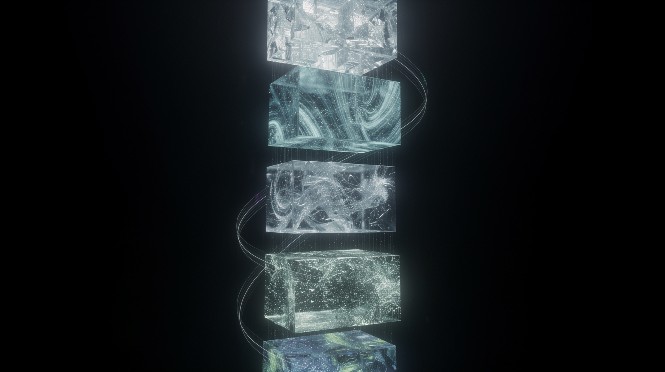 A cascade of translucent, geometric blocks, each glowing with a faint, distinct hue, suspended in a dark void. Soft light passes through them, revealing internal swirling patterns of noise that gradually coalesce into sharper forms. The lowest blocks are chaotic with shimmering static; the upper ones become clearer, almost crystalline. A gentle, flowing motion suggests a stepwise purification, like water filtering through layers of ice. Ethereal, atmospheric, with a sense of independent yet connected stages.