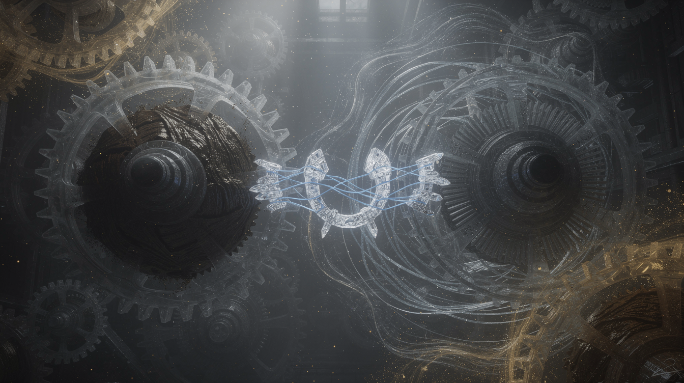 A dim, vast engine room of translucent gears and flowing light. In the center, a silent, crystalline harness pulses with soft blue threads, gently correcting a subtle misalignment between two massive, dark gearwheels—one labeled by texture alone as "environment," the other as "agent." Thin luminous filaments weave through a chaotic tangle of fading, repeating loops, smoothing them into calm, ordered spirals. Dust motes of gold drift where rigid boundaries melt into warm, adaptable boundaries. No labels, no arrows—only quiet, resonant form and the feeling of error dissolving into harmony.