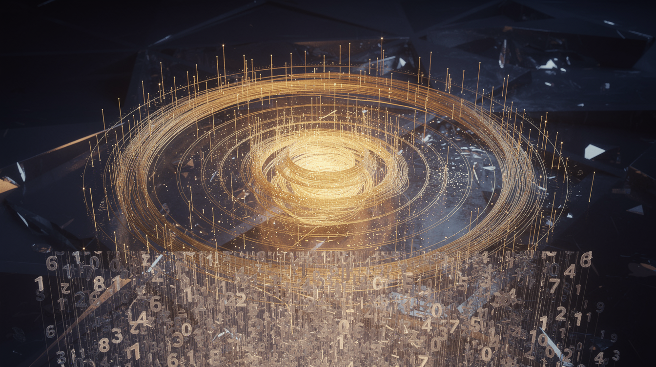 A luminous, abstract core of molten gold pulses at the center, representing the initial functional version. From it, countless fine, glowing threads spiral outward in concentric rings, each thread tipped with a tiny, bright spark—symbolizing iterative tweaks and bug fixes. The background is a deep indigo gradient, textured with faint, overlapping geometric shards that catch light like cached data reflections. In the lower third, a cascade of translucent, numeral-shaped wisps falls like a shimmering curtain, evoking the token bill. The overall mood is meticulous, layered, and subtly expensive, with light playing across the threads to suggest rapid, targeted feedback. No labels, arrows, or diagrams.