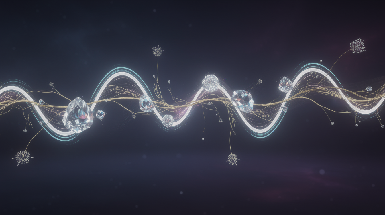 A single luminous beam of light bends into an oscillating sine wave across a dark, abstract landscape of deep blue and violet. At each trough of the wave, a bright crystalline snapshot freezes midairâsmall glowing gems suspended in space. From just two or three parallel trajectories, faint golden threads branch outward like roots, each ending in a distinct radiant form. The background suggests an infinite, unexplored field of dim stars and hazy nebulae. The mood is exploratory, elegant, and computationalâmotion captured in stillness, diversity born from a single path. Soft gradients, refractive highlights, and a sense of depth without any labels or arrows.
