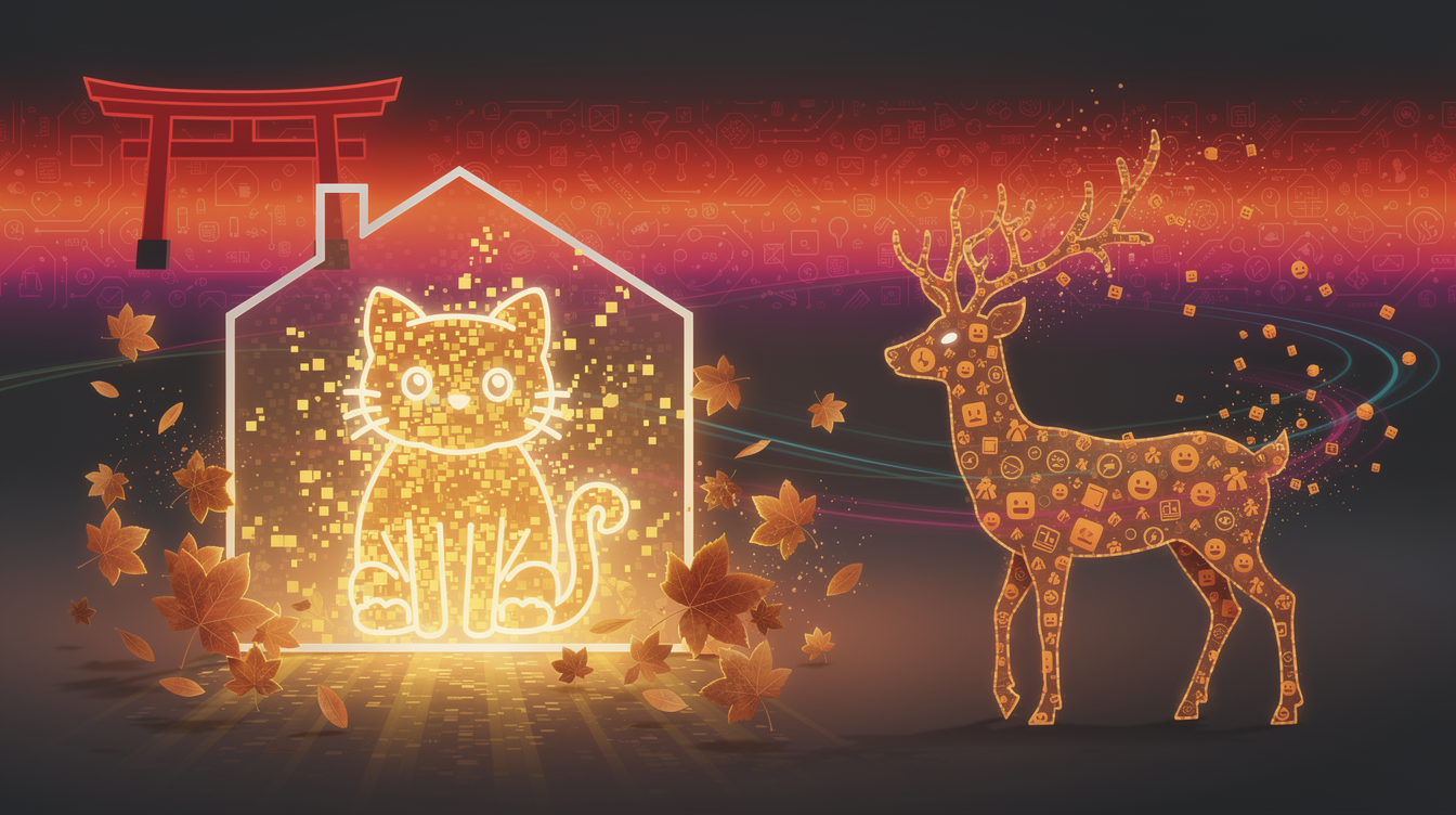 A luminous, abstract digital collage. A glowing, translucent cat emoji dissolves into pixelated sunbeams inside a geometric house outline. Golden light spills across floating autumn leaves and a deer silhouette formed from scattered orange emoji icons. A shrine torii gate dissolves into a sunset gradient made of tiny, interconnected symbols. The composition feels like a compressed storyboard brought to life—a codex of icons turning into swirling, vivid light and organic form. Soft, holographic textures bridge the natural and the digital.