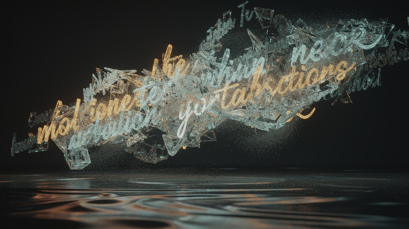 A luminous, abstract sculpture of flowing textâfragments of script glowing amber and cyanâsuspended in a dark void. The letters shift and morph, sharpening into crystalline edges, as if refined by invisible forces. Soft, ethereal light pulses through the forms, casting shadows that ripple like liquid. The texture is a blend of smooth glass and granular sand, suggesting both precision and organic evolution. No diagrams, no labelsâpure metaphor of iterative optimization and measurable clarity.