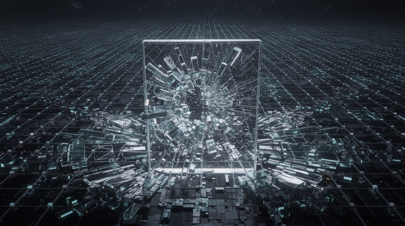A luminous, abstract digital landscape. A vast, dark grid of interconnected light nodes, like a GPU die, stretches into the distance. In the foreground, a single, massive, crystalline window shatters into countless dense, shifting shards of pure light, each shard a perfect, local square. The shards rearrange themselves seamlessly, without gaps or masks, flowing like a river of liquid glass. The background grid pulses with a soft, steady glow, no longer fragmented or starved, but a unified, breathing surface of cool blue and silver light.